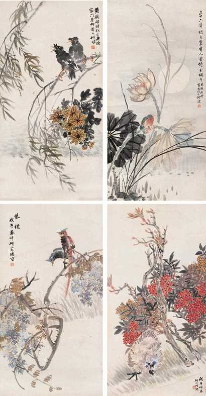 何研北 戊午（1918年）作 花鸟 镜心